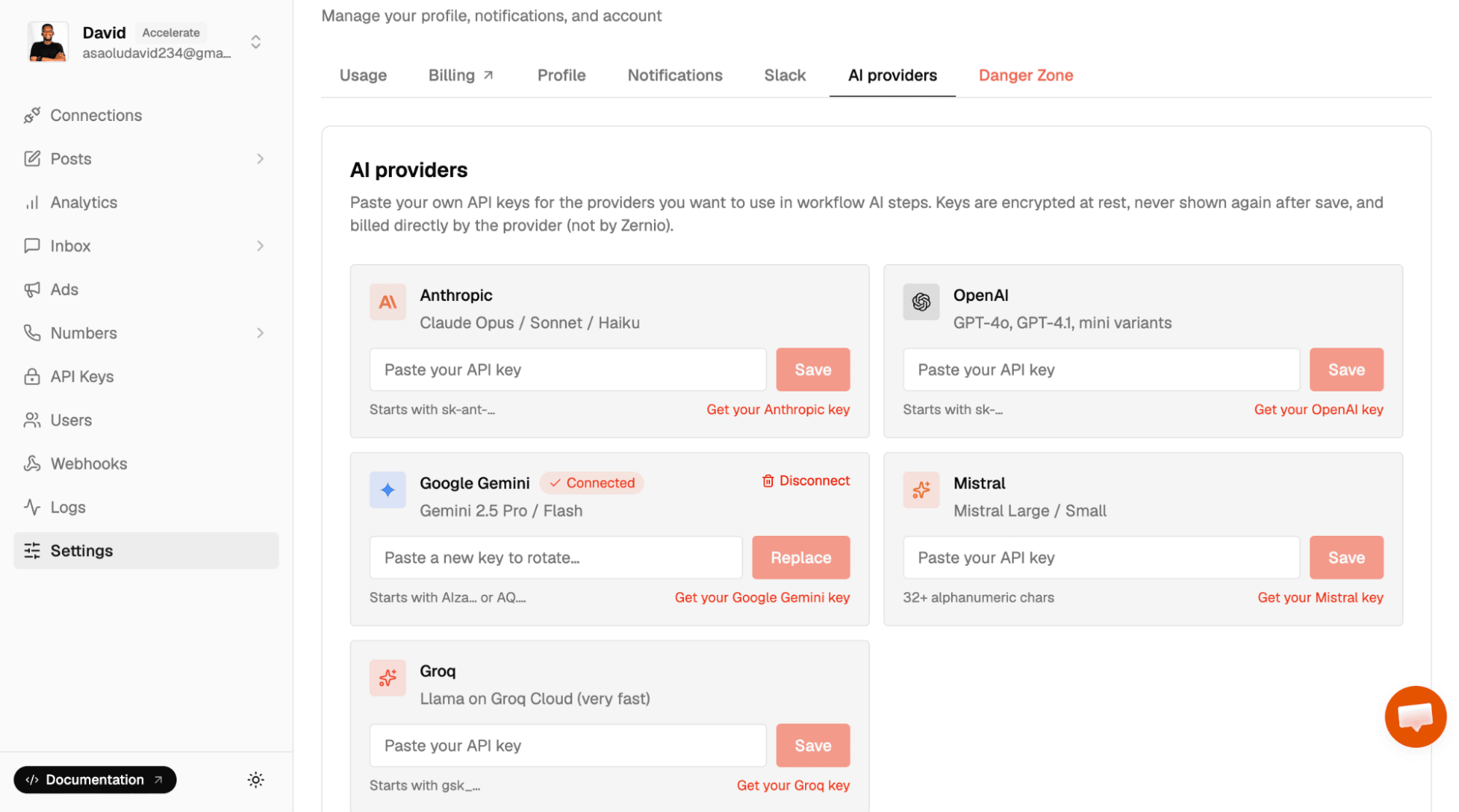 connect AI provider to zernio